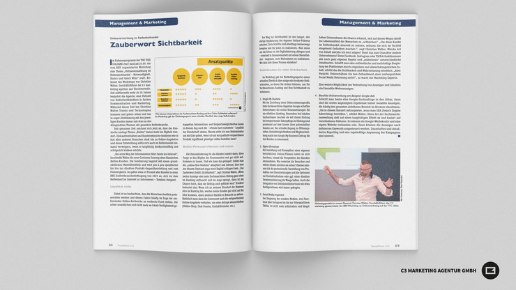 Workshop-Beitrag auf der Tire Cologne: Christian Walter über Onlinevermarktung im Reifenhandel Doppelseitiger Magazinartikel mit dem Titel „Zauberwort Sichtbarkeit“. Der Artikel berichtet über einen Workshop zur Onlinevermarktung im Reifenhandel, geleitet von Christian Walter, Geschäftsführer der C3 marketing agentur.